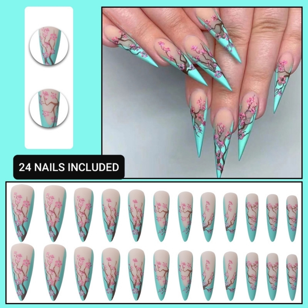 Arizona Green Iced Tea Matte Teal Cherry Blossom Stiletto Nails - Picture 2 of 3